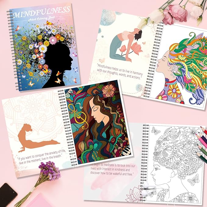 Kalysky Adult Coloring Book for Women,2Pack Mindfulness Coloring Books for Adults Relaxation Anxiety and Depression,Spiral Bound,Relaxation Arts and Crafts for Women