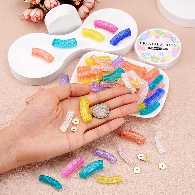 Sparkeads 120PCS Bamboo Tube Bracelet Making Kit for Women Friendship Gift Stacking Bangles Transparent Chunky Curved Acrylic Beads Metal Spacers Elastic Thread