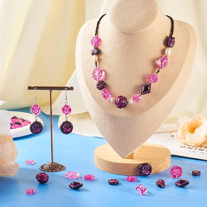 FASHEWELRY 90Pcs Hot Pink Black Acrylic Beads Rose Flower Beads Assorted Cute Flower Loose Beads Bulk Kawaii Vintage Bead for Bracelets Necklace Key Chains Jewelry Making