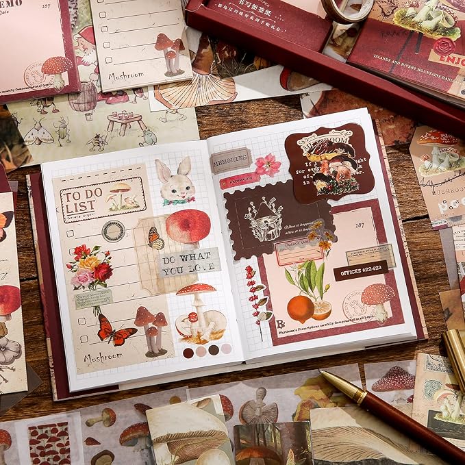 emmoolife Scrapbooking Supplies Kit, Vintage Mushroom Aesthetic Scrapbook Kit for Bullet Junk Journal, Stationery, A6 Grid Notebook, DIY Journaling Supplies, Birthday Craft Gift for Teen Girl Women
