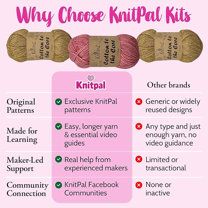 KnitPal Everyday Joy Tunisian Crochet Dishcloth Kit for Confident Beginners – Make 4 Reusable Dishcloths – Cotton Yarn, Tunisian Crochet Hook, 2 Patterns & Video Tutorials (Camel Brown+Flamingo Pink)