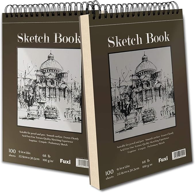 9" x 12" sketch book, top spiral bound sketch pad, 2 packs 100 sheets each (68lb/100gsm), acid free art sketchbook artistic drawing painting writing paper for kids adults beginners artists