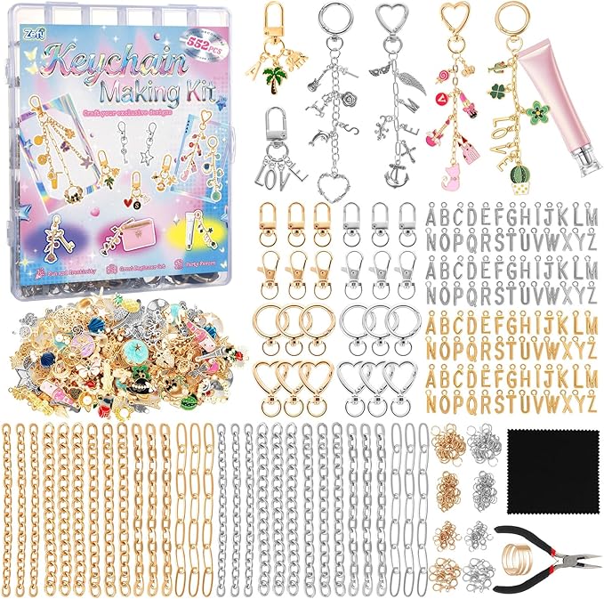Zefy 552Pcs Charms Lip Gloss Keychain Making Kit, Gold Silver Bag Charm Kit, Including 214 Charms 24 Key Chain Clips with Organizer Box, DIY Craft Supplies for Jewelry Making and Gifts