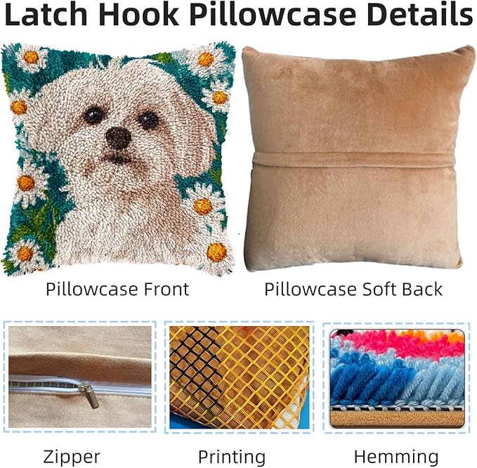 DIY Latch Hook Pillow Kits for Adults Cute Maltese Dog in Daisy Flowers Printed Pillowcase Crochet Yarns Hooking Handmade Pillow Cover Cushion for Home Sofa Decor 17x17inch(4)