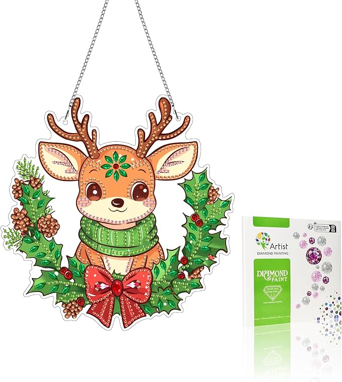 VAIIEYO Christmas Diamond Art Hanging Ornament, Deer Bowknot Diamond Painting Suncatchers Window Hanging Kit with Chain, 7.5x7.5 inch Crystal Pendant Art Craft for Gift Home Wall Front Door Decoration