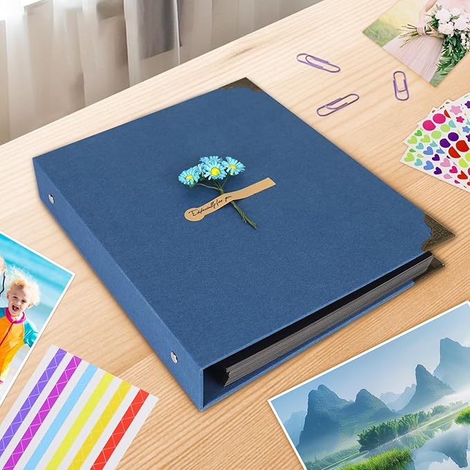 ZEEYUAN Journal Scrapbook Memories Photo Book Album 60 Black Pages Vintage DIY Photo Scrap Book Hardcover Scrapbook Gifts for Couples Anniversary Christmas Thanksgiving Valentines Day,Blue