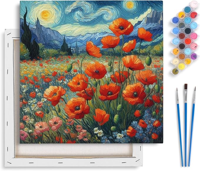 Yezavesu Framed Paint by Numbers Kit for Adults Beginner & Kids Ages 8-12, Starry Night Paint by Numbers Without Easel, DIY Number Painting for Adults Flowers for Home Wall Decor Gift 10x10 inch