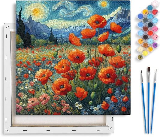 Yezavesu Framed Paint by Numbers Kit for Adults Beginner & Kids Ages 8-12, Starry Night Paint by Numbers Without Easel, DIY Number Painting for Adults Flowers for Home Wall Decor Gift 10x10 inch