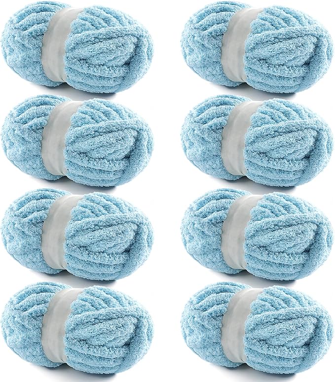 8 Pack Chunky Yarn for Hand Knitting - Chunky Chenille Blanket Yarn for Crocheting - Jumbo Fluffy Yarn for Crochet - Super Bulky Yarn 25 yds 7.7 oz Each Skein (Lake Blue)