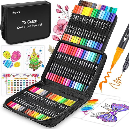 iBayam Art Markers Set, 72 Colors Dual Tip Brush Pens for Adult Coloring Book, Note-Taking, Calligraphy, Journaling, Sketching and Lettering, with Gift Case for Adult Office Art Supplies