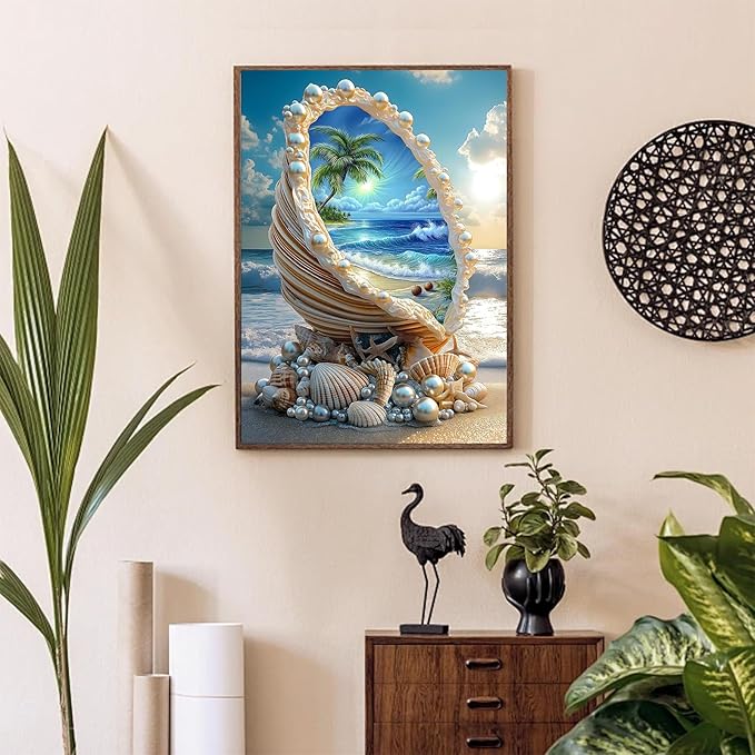 Gemozaic Beach Diamond Painting Kits for Adults, Seaside Shell Diamond Art Kits for Adults, Beach Gem Painting Kit for Gift Home Wall Decor, 12x16 Inch