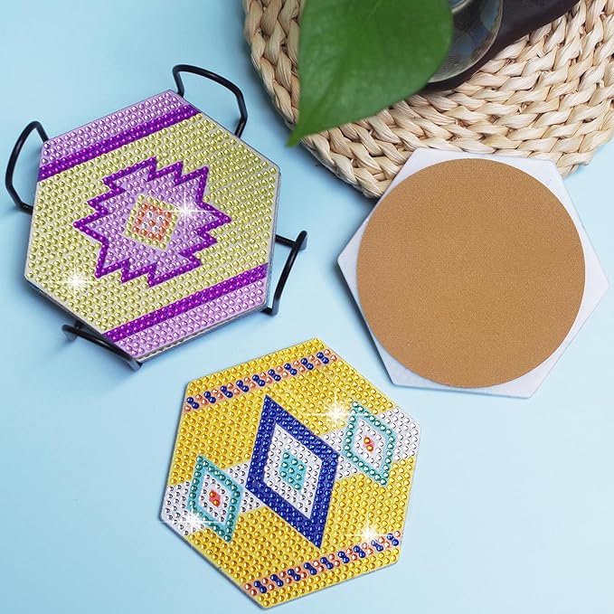 Vcekract Diamond Painting Coasters Kits, 6 Pieces Hexagon Diamond Painting Coasters with Holder, DIY Diamond Art for Adults, Diamond Painting Kit for Beginners