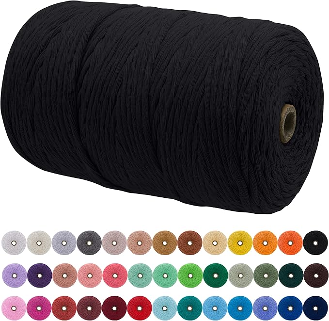 JeogYong Single Strand Macrame Cord 3mm x 218 Yards (656 Feet) Soft Cotton Rope Macrame Yarn 3 mm Macrame Cord, Macrame Supplies for Crafts Wall Hangings Plant Hangers Decorations (Black)