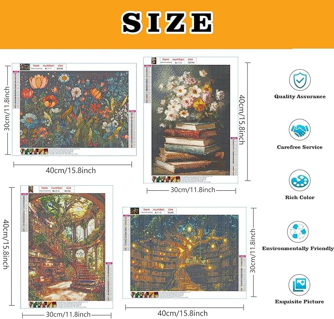 EIBEILI 4 Pack Diamond Painting Kits for Adults, 5D Diamond Art Painting, DIY Vintage Books Diamond Dots Art Kits, Full Round Drill Diamond Art Kits for Adults for Home Wall Decor, 12x16 inch