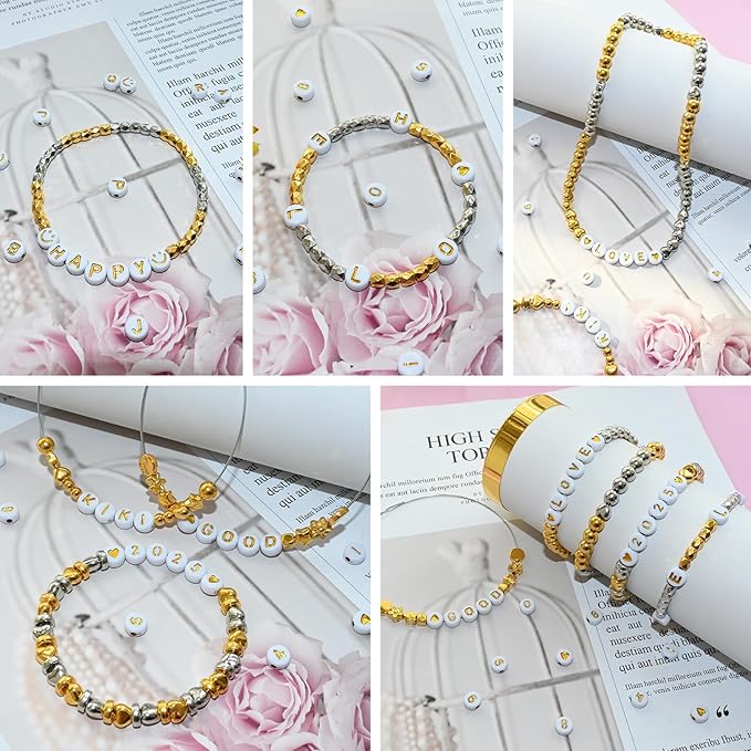 1400pcs Letter Beads Gold Alphabet A-Z and Smiley Heart Beads White Acrylic for Jewelry Making Bracelet