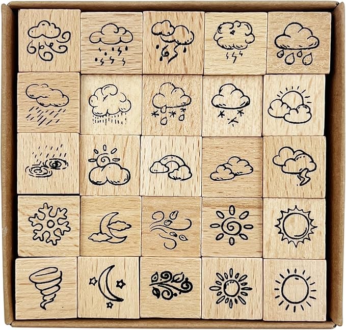 25pcs Weather Wooden Rubber Stamps Kit, Cute Small Weather Theme Stamps for Decorative Diary Planner DIY Craft Scrapbook Card Making Letters Journal