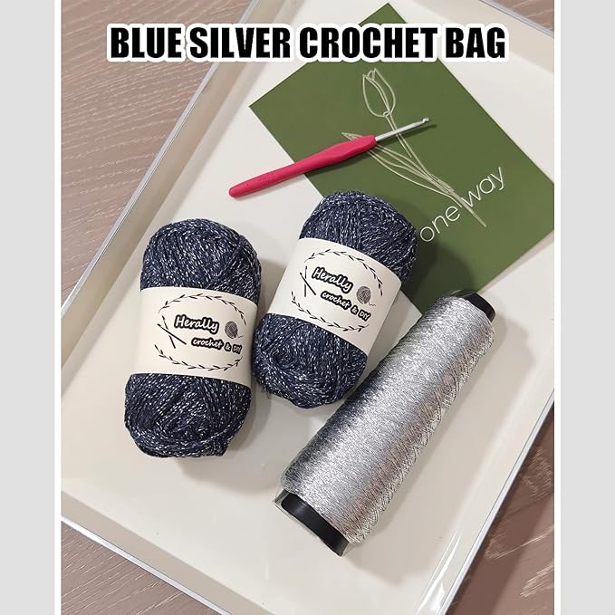 Herally Crochet Kit DIY for Beginners - Include Yarn, Hook and Accessory - with Step by Step Video Tutorials - Shining Tote Bag (Navy Blue)