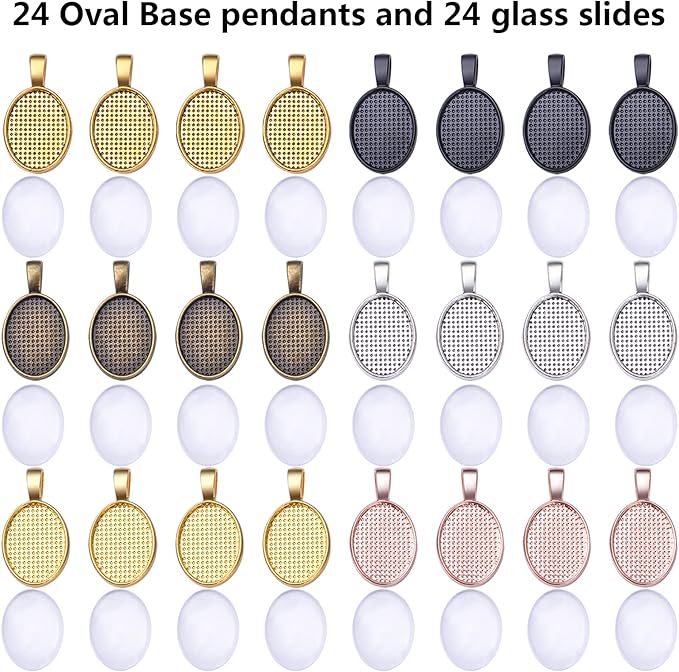 48pcs Bezel Pendant Blanks Set, 24pcs 6 Colors Oval Pendant Trays Bezel Blanks with 24pcs Glass Cabochons Clear Dome Tiles for DIY Bracelet Necklace Jewelry Crafts Making