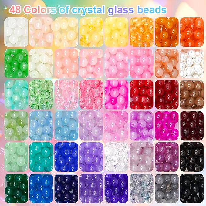 Hanyoung 8mm Glass Beads for Bracelet Making kit,48 Colors 1450 pcs Clear Glass Beads for Jewelry Making, Crystal Round Bracelet kit for DIY Craft Gifts (Solid Color)