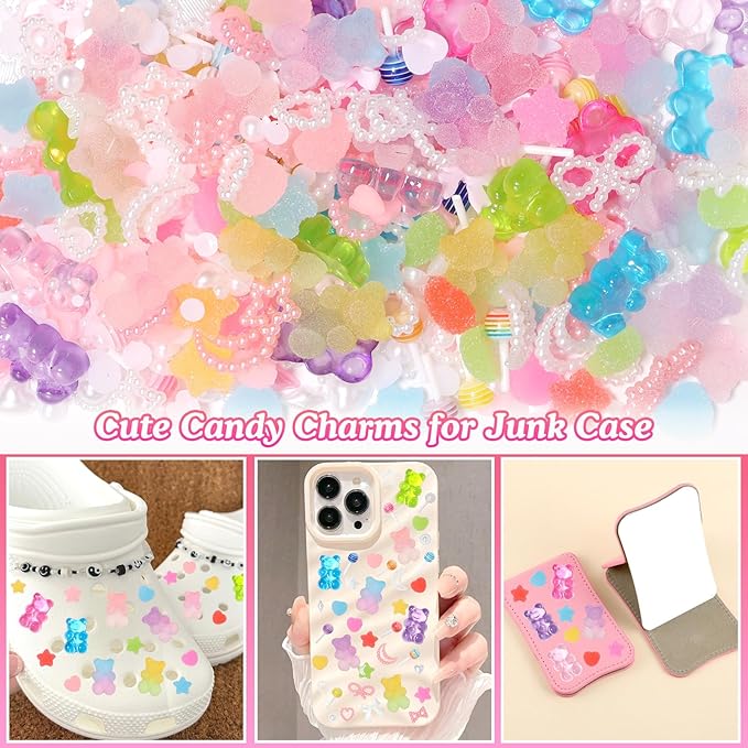 400 Pcs Candy Junk Case Charms Kit, Color Gummy Bear Lollipop Star Heart Charms for Junk Cases, Pink White Bow Moon Hearts Pearls Phone Case Charms, Assorted Slime Charms for DIY Crafts