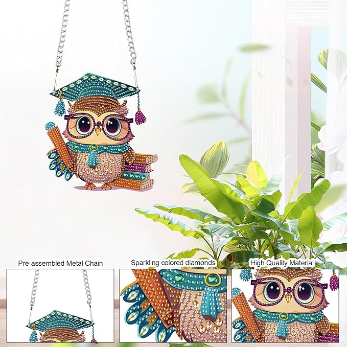 5D DIY Diamond Painting Hanging Ornament Kit for Adults, Wise Graduation Owl Special Shaped Rhinestones Diamond Art Hanging, Cute Scholar Owl Acrylic Pendant for Wall, Door, or Garden Decoration