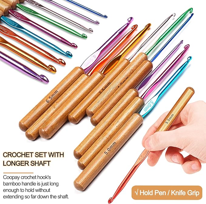 Coopay Bamboo Crochet Hooks Comfort Grip, 6.7" Crochet Kit Longer Aluminum Shaft Crochet Needles for Crocheting, Ergonomic Knitting Hooks Set for Crochet Yarn Craft, Premium Knitting Crochet Supplies