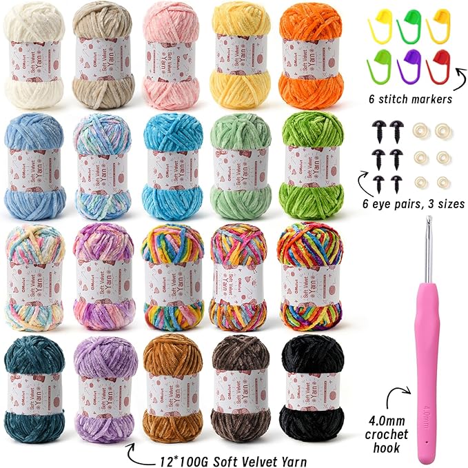 20 Pack Chenille Chunky Yarn - Baby Yarn for Crocheting Soft - White Black Brown Green Red Pink Blue Rainbow Velvet Yarns Crochet Blanket - Amigurumi Yarns Pack with Crochet Accessories