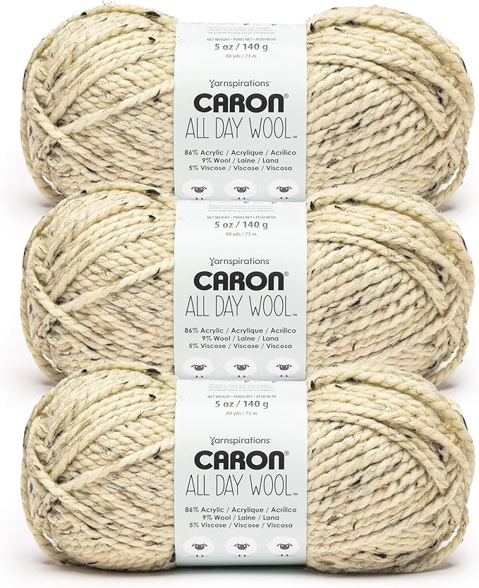 Caron All Day Wool Rolled Oats Yarn - 3 Pack of 170g/6oz - 80% Acrylic 20% Wool - # 6 Super Bulky - 108 Yards - Knitting/Crochet