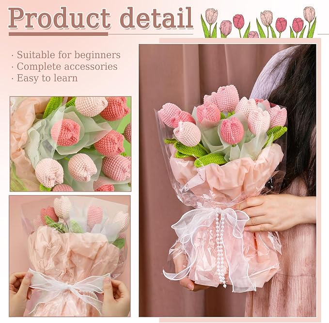 Iuuidu Crochet Kit for Beginners, Crochet Flower Bouquet Kit Pink, Beginner Crochet Kit for Adults, Crochet Flower Bouquet with Step-by-Step Video Tutorials for Birthday, DIY Craft Home Decor