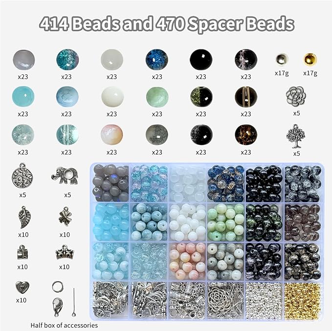 8mm Glass Bead Bracelet Making Kit for Adults & Teens – 414pcs Real Crackle Glass Beads with Charms, Neutral Color Jewelry Set