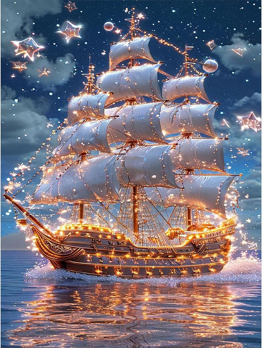 Yezavesu Pirate Ship Diamond Art Kits for Adults, 5D Diamond Painting Kit for Beginners, DIY Round Full Drill Painting with Gem Art Craft Kits for Home Wall Decor 12x16 Inch