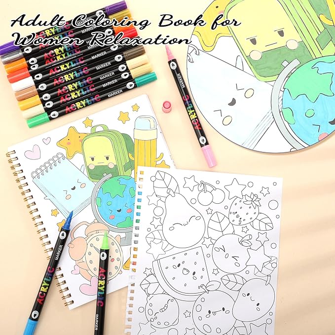 Coloring Book Set with 24-Color Acrylic Markers & Stickers, Ages 14+ Travel Sketch Book, 60 Pages 150gsm Thick Paper (7x8.3in) Spiral Bound Art Supplies