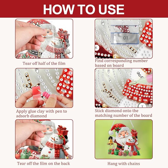 CEOVR Christmas Hanging Diamond Painting, Santa Claus Snowman Special Shape Diamond Art for Adults, Christmas Winter DIY Gem Art, Acrylic Home Garden Decor with Chain, Box Kit 9.37x9.3In