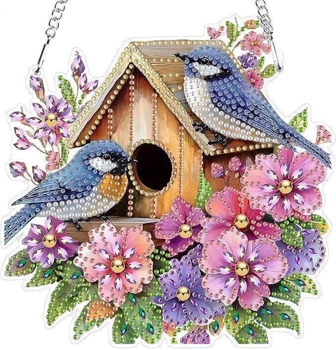 MXJSUA Birds Flowers Special Shaped Hanging Diamond Painting Art Kits for Adults, Crystal Rhinestone Acrylic Gem Art Pendant Ornaments Kit for Home Decoration and Gift