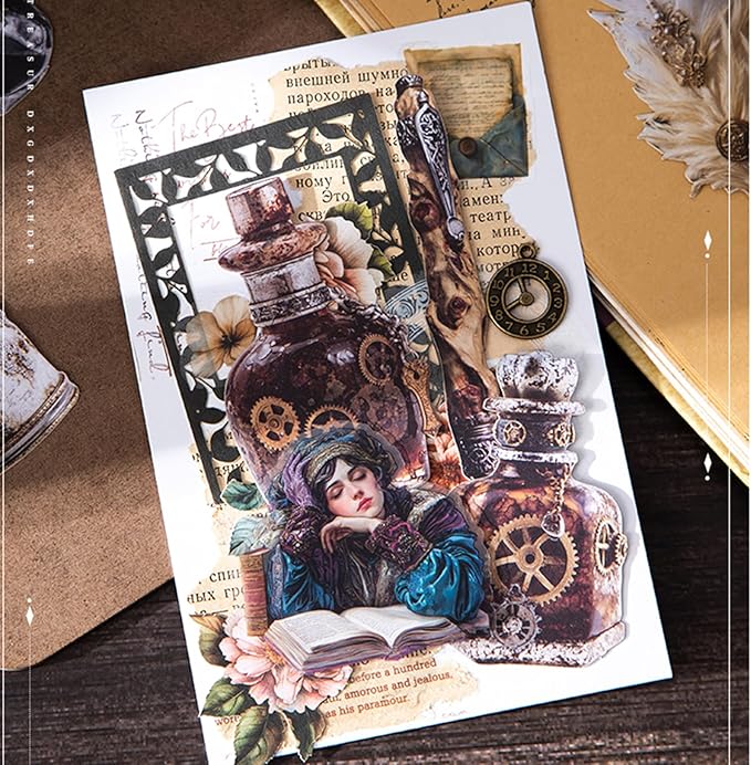 Vintage Pen & Ink Cardstock Stickers – 60pcs Antique Feather Quill & Ink Bottle Designs, Large Laser-Cut Peel and Stick Decor for Scrapbook Journal Junk Journal Collage Crafts