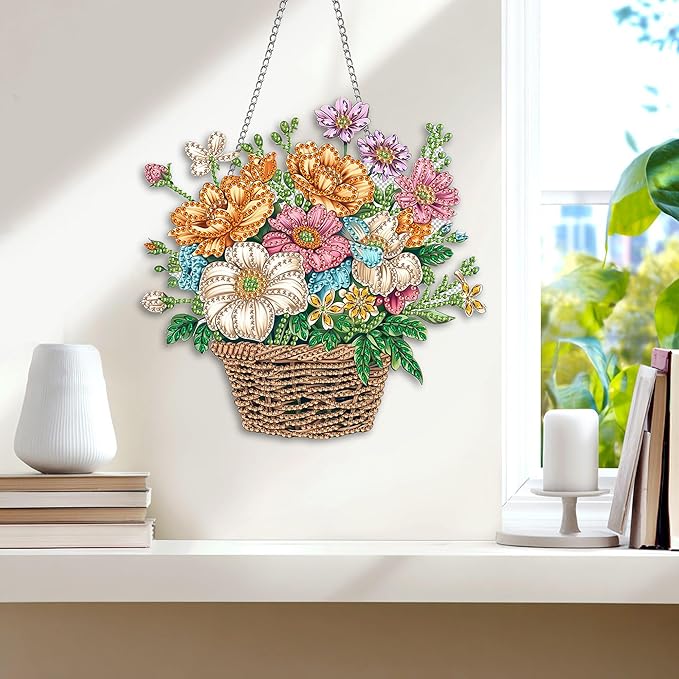 Wergund 5D DIY Flower Basket Diamond Art Hanging Kits, Hanging Diamond Art Flower, Acrylic Special Shaped Rhinestone, Window Hanging Pendants for Home Wall Garden Front Door Outdoor Decor Gift