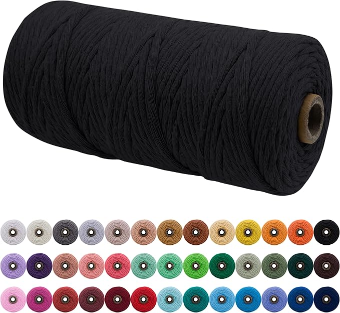 JeogYong Single Strand Macrame Cord 3mm x 109 Yards (328 Feet) Soft Cotton Rope Macrame Yarn 3 mm Macrame Cord, Macrame Supplies for Crafts Wall Hangings Plant Hangers Decorations (Black)