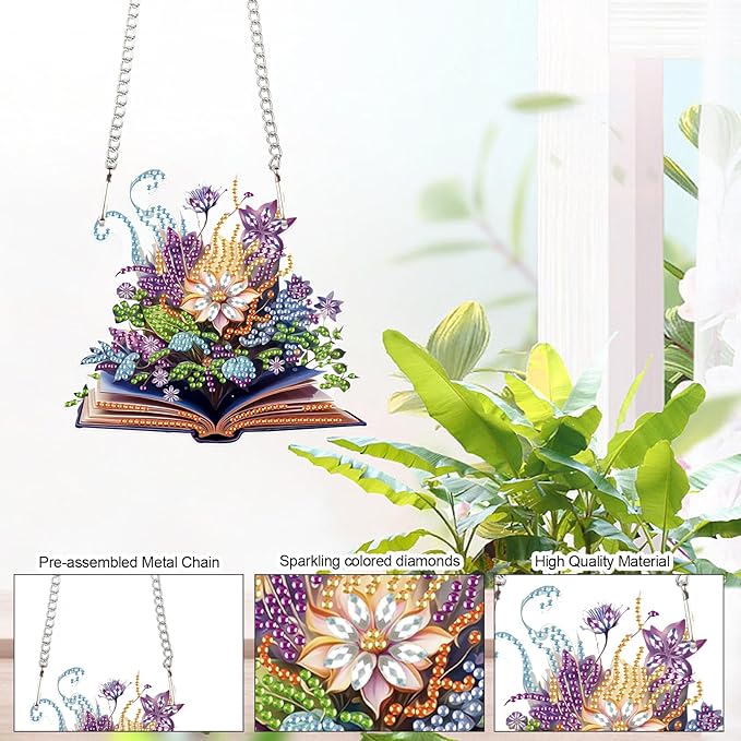 AiYuanzsh DIY 5D Diamond Art Hanging Pendant Kit – Flowers Blooming in the Book Design with Crystal Rhinestones, for Adults Door, Wall, Window, and Home Decoration