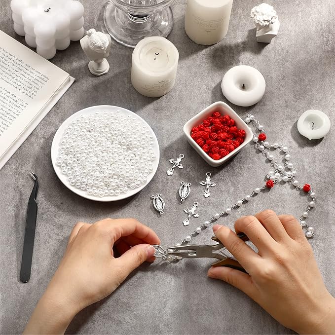 Highergo 1220 Pcs Rosary Making Supplies Rosary Pearl Beads Carved Rose Cross Centerpiece Crucifix Medal Silver Jesus Maria Pendant for Bracelet Necklace Jewelry, Red