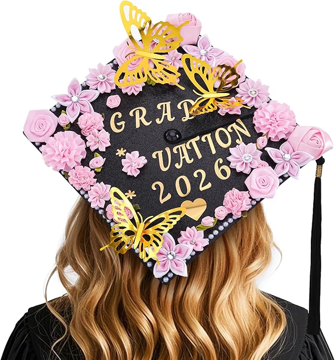 VISSTREE Graduation Cap Decorations Kit, 56 Pcs DIY Cap Decoration with Pink Artificial Flower Rhinestones Letter Stickers 3D Glitter Butterfly for 2026 Graduation Dress Grad Hats Topper