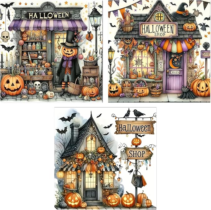 3 Pack Diamond Art Kits for Adults, Halloween Pumpkin Bat Shop Diamond Painting Kits for Adults, 5D DIY Round Full Drill Gem Art Paint With Diamonds Dots Crafts Kits for Home Decor Gift 14x14inch
