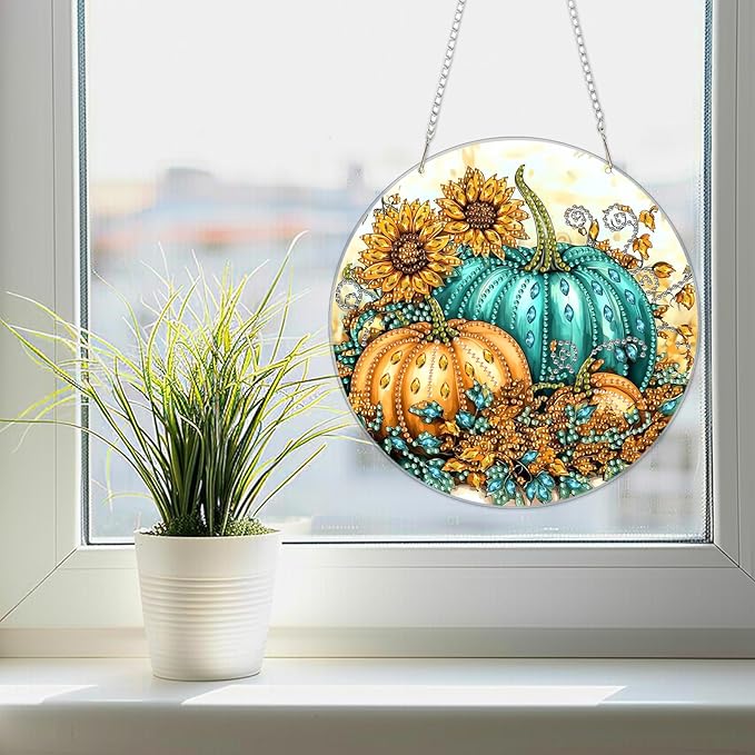 SENQAO Pumpkin Fall Diamond Art Hanging Kits for Adults Kids, Acrylic Diamonds Painting Pendant Board Kits Flower, Diamond Art Painting Window Pendants Home Garden Wall Hanging Kits Hanging Ornament