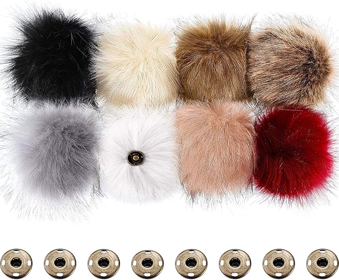 boao 8 pcs faux fur pompoms for hats with removable press button faux fur fluffy pompom balls knit hats clothing accessories for bobble hat knitting shoes scarves bag(8 color)