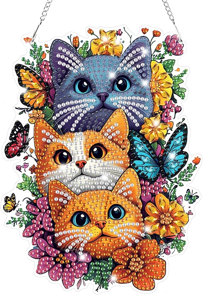 Bowetile Cats Diamond Art Hanging Kits for Adults, 5D Special Shape Diamond Painting Flowers Pendant Kits, Animal Gem Art Suncatchers Painting Window Ornament for Home Garden Wall Decor