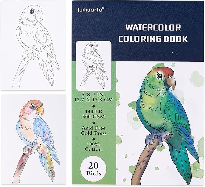 tumuarta Watercolor Coloring Book, 20 Unique Designs, 5x7”, 100% Cotton, 300GSM, 140 LB, Cold Press, Acid Free Watercolor Paper, Glue Bound Mixed Media Sketch Book Birds
