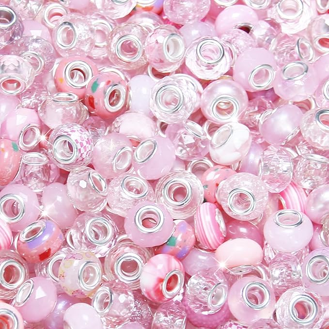 200Pcs Large Hole Beads Spacer Beads Pink Assorted European Craft Big Beads Large Hole Lampwork Murano Bead Fairy Wand Garden Beads for DIY Charm Bracelet Necklace Jewelry Making Decoration Supplies