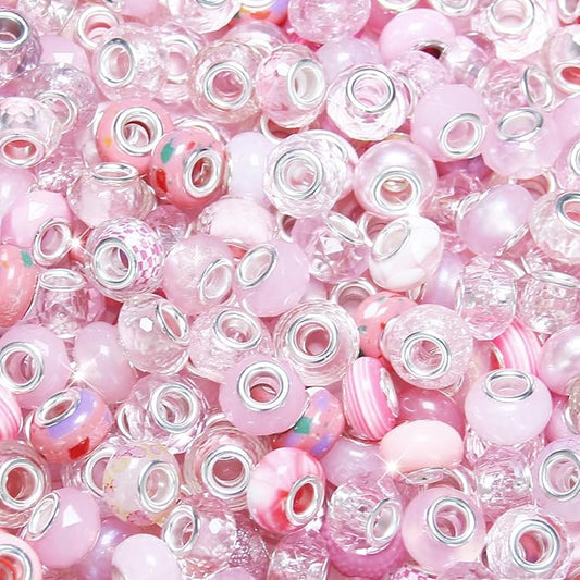 200Pcs Large Hole Beads Spacer Beads Pink Assorted European Craft Big Beads Large Hole Lampwork Murano Bead Fairy Wand Garden Beads for DIY Charm Bracelet Necklace Jewelry Making Decoration Supplies