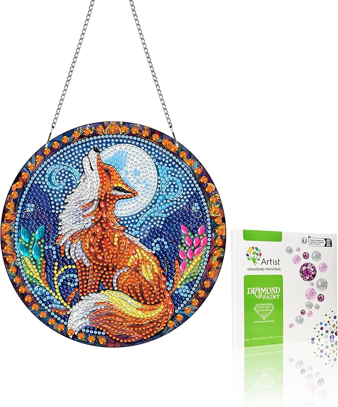 VAIIEYO Fox Diamond Painting Hanging, Animal Diamond Painting Suncatchers Double Side Window Hanging Kit with Chain, 7.5x7.5 inch Crystal Pendant Art Craft for Gift Home Wall Front Door Decoration