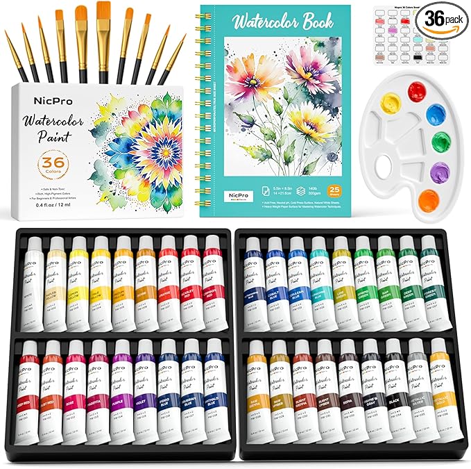 nicpro watercolor paint set for adults, 36 colors watercolor tube set (12ml,0.4oz) with10 paint brushes, 25-sheet watercolor paper book, palette, water color painting supplies for artists beginners gift