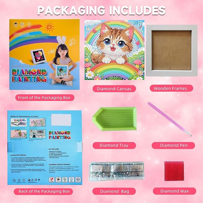 Cat Diamond Art Painting Kits for Kids with Frame, Animal Diamond Art for Kids Ages 4-8-12 with Frame, Easy Small Cute Gem Painting Kit for Gift Home Wall Decoration (7x7 inch)